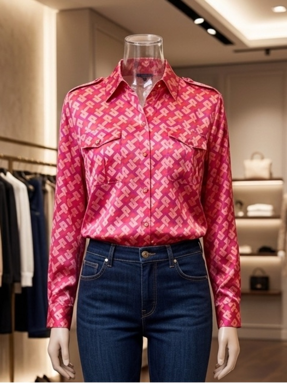 Jones New York Pink Patterned Silk Button-Down Shirt